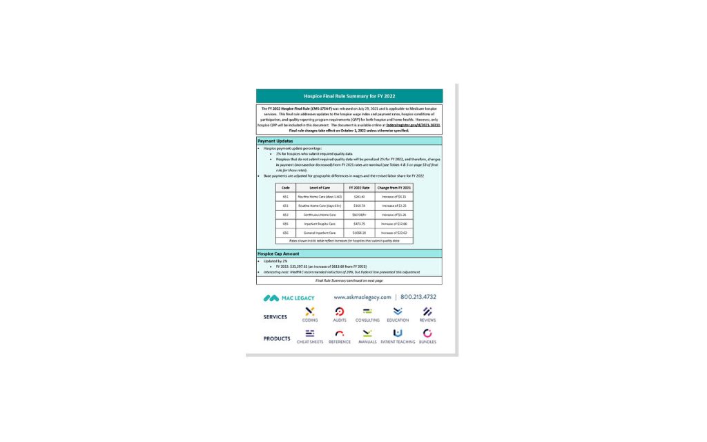 MAC Legacy » Hospice Final Rule for Fiscal Year (FY) 2024 Cheat Sheet